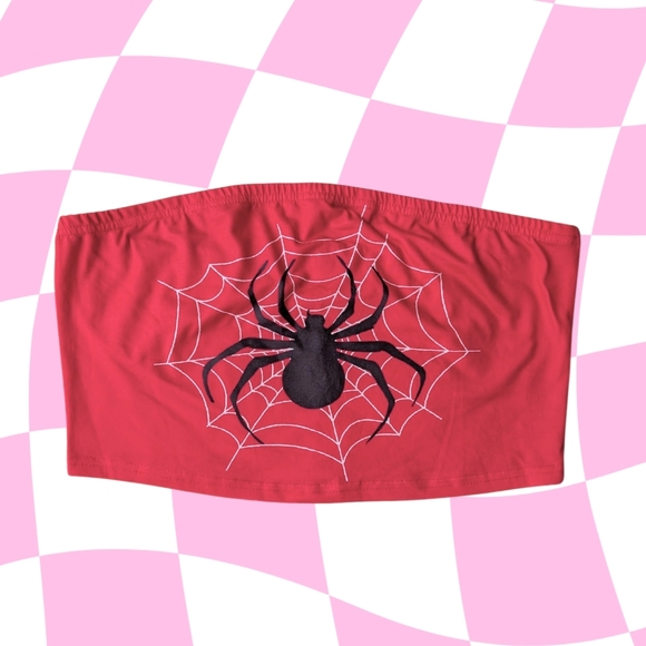 None Tops - Tube Top / Red Spider Web Crop Top / Bandeau Top / Spider Crop Top